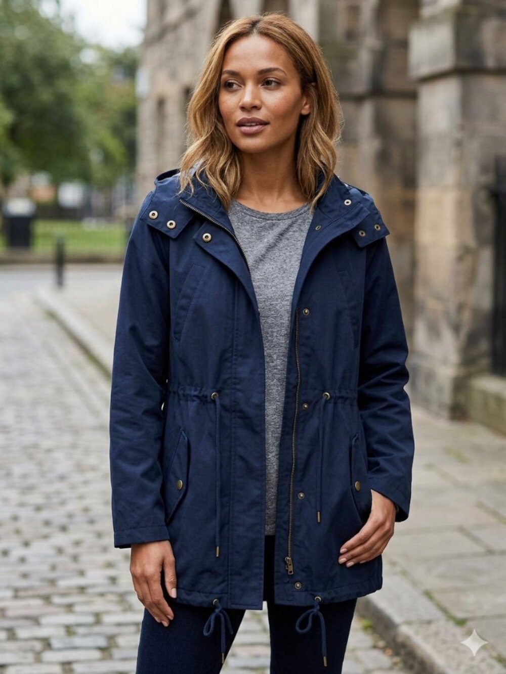 Olivia Grey Navy Blue Hooded Raincoat Jacket Size Small